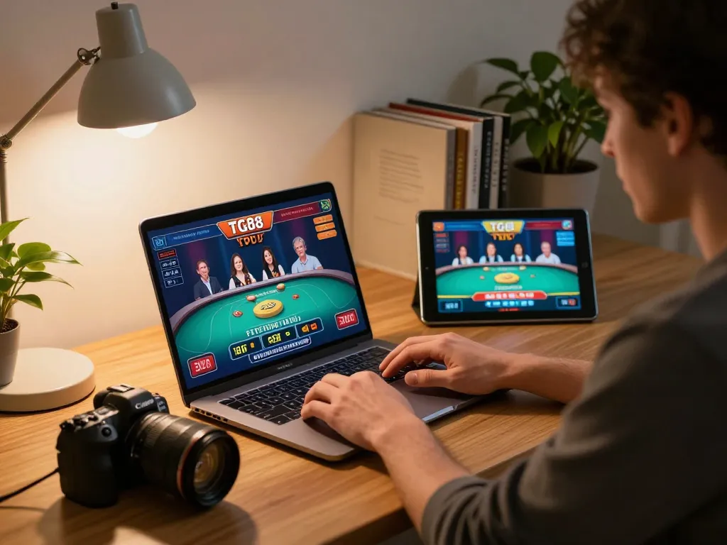 Player engaging with the TG88 online casino platform at home, highlighting strategic gameplay.