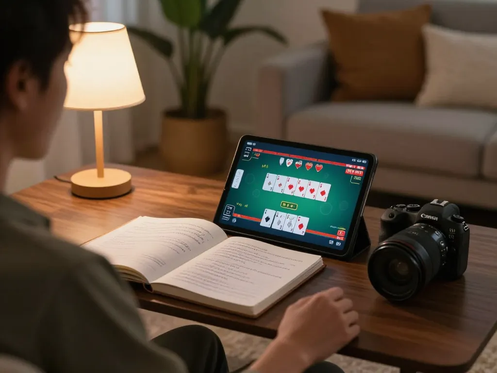Engaging in sc88 online poker game at home with tablet, showcasing relaxed gaming atmosphere.