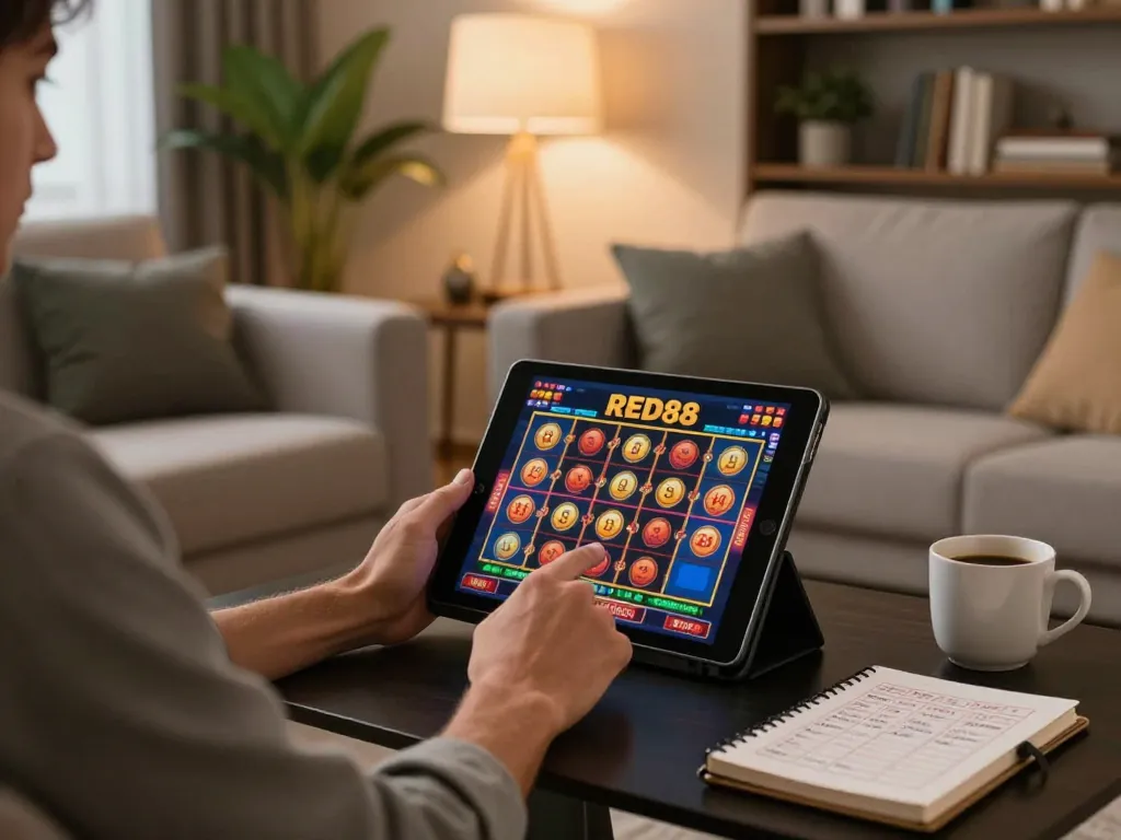 Player enjoying a thrilling RED88 slot game on a tablet while relaxing in a stylish living room.