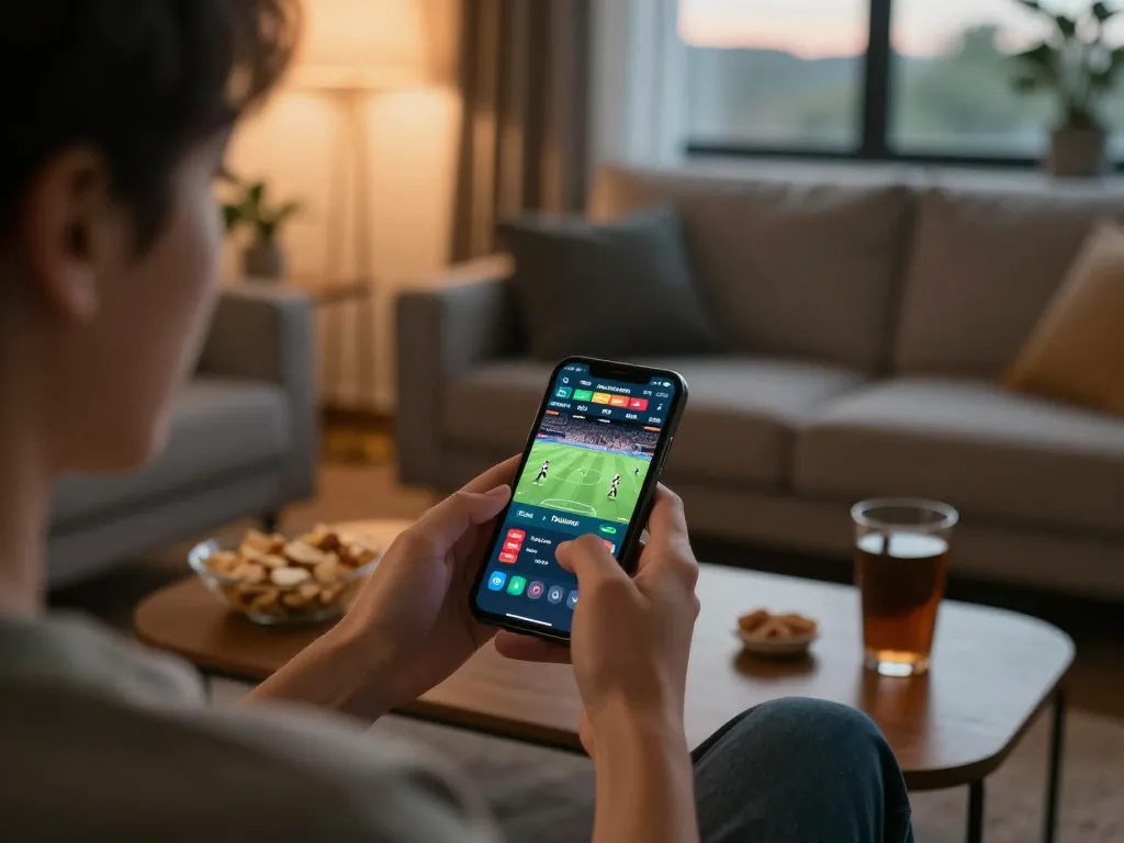 Engaging in sports betting on fly88 mobile app, showcasing live odds and betting options at home.