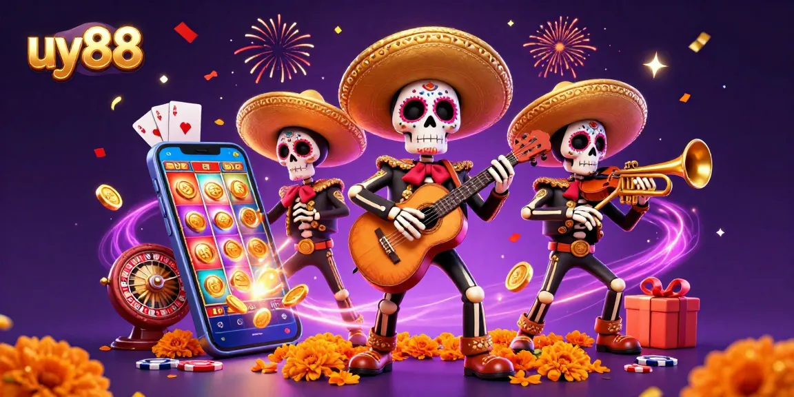 Experience the excitement of uy88's vibrant online casino with a skeleton mariachi band celebrating games.