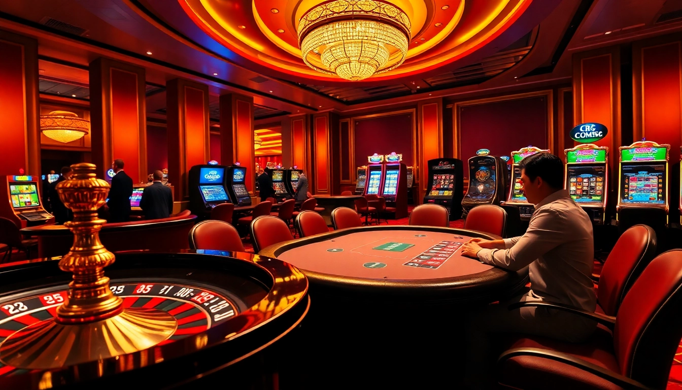 CM88 gambling experience at a vibrant casino featuring roulette, poker, and slot machines.