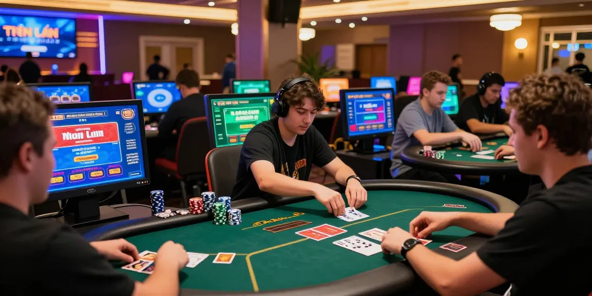 Dynamic online gaming scene with players enjoying game bai doi thuong at vibrant casino.