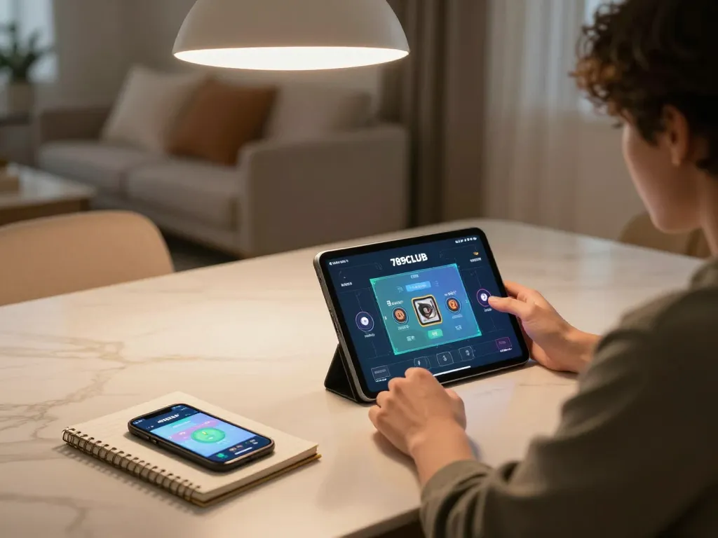 Engaged player enjoying 789CLUB gaming on tablet in cozy home ambiance