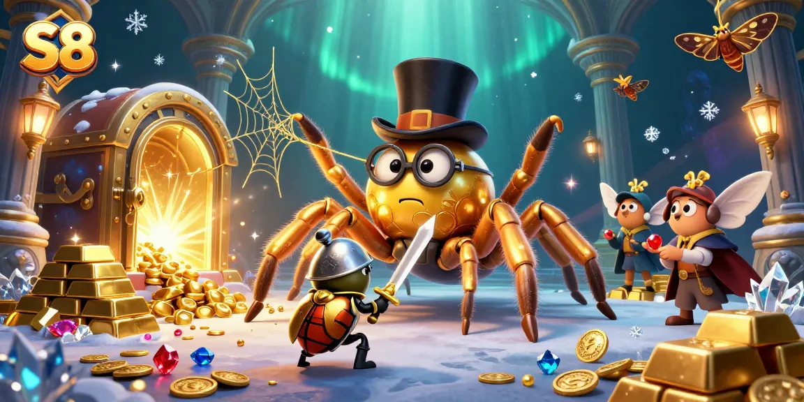 S8 offers thrilling gambling adventures with a golden tarantula, beetle knight, and treasure in a vibrant casino setting.