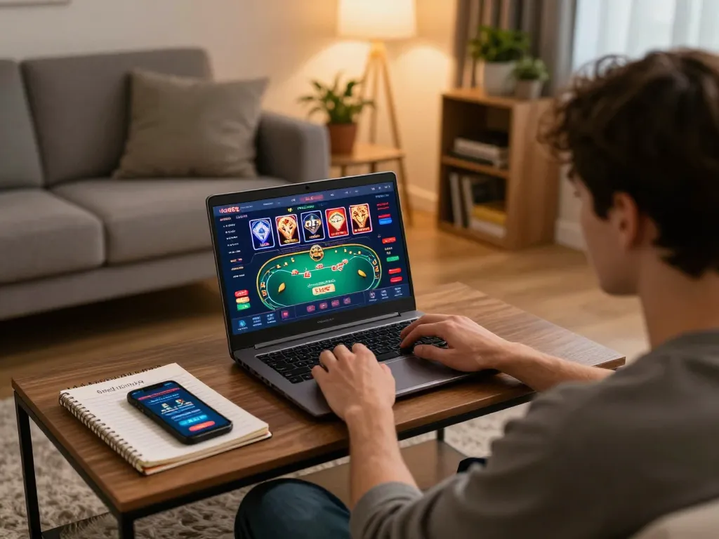 Engaged player enjoying online gaming on ku88q from the comfort of their living room with strategic notes.