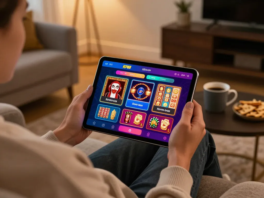 Engaging online gaming experience via kp88 link, with cozy setting and live casino gameplay.