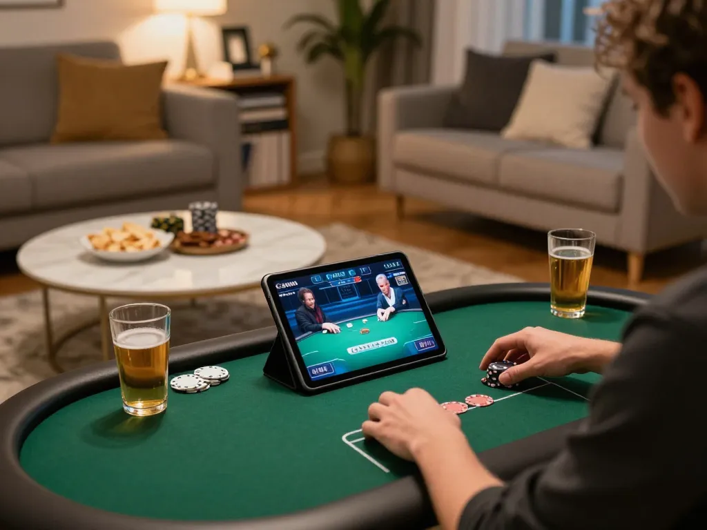 Engaged player enjoying hitclub poker experience on tablet in a cozy home setting
