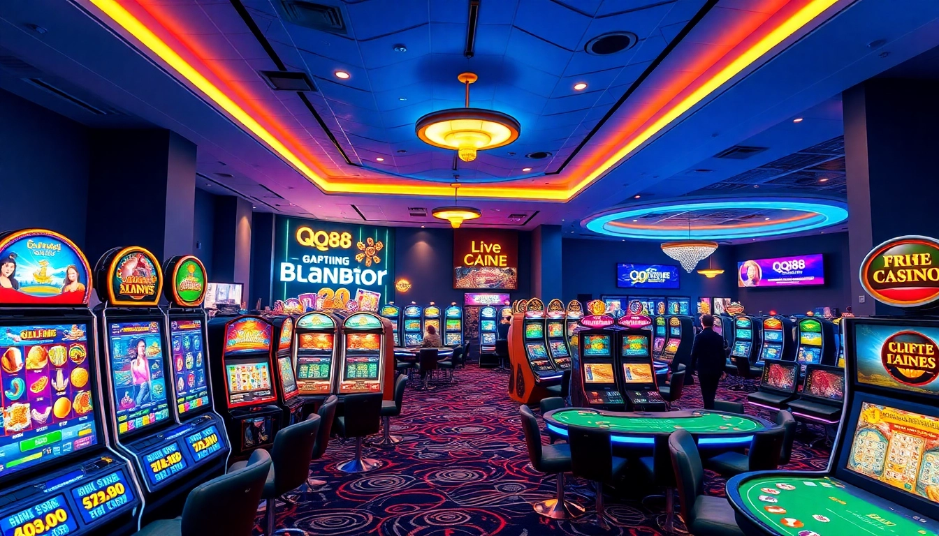 Engaging QQ88 online casino scene showcasing vibrant gaming machines and live tables.