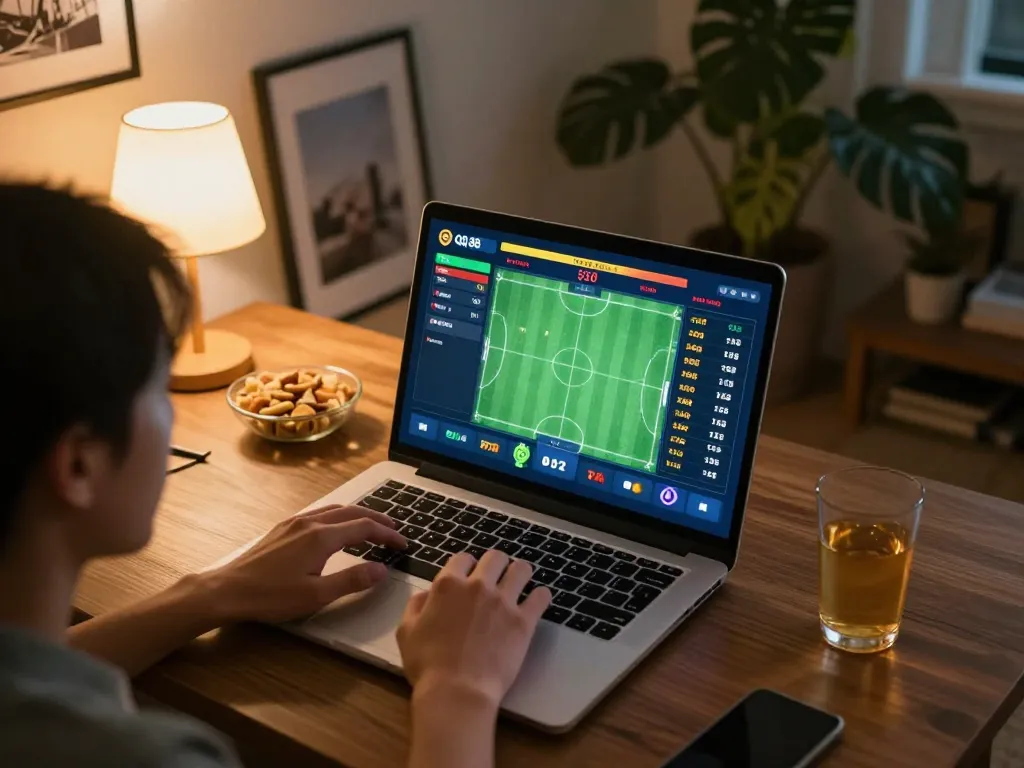 Engaging in strategic betting with QQ 88 on a laptop at home, showcasing intense focus and excitement.