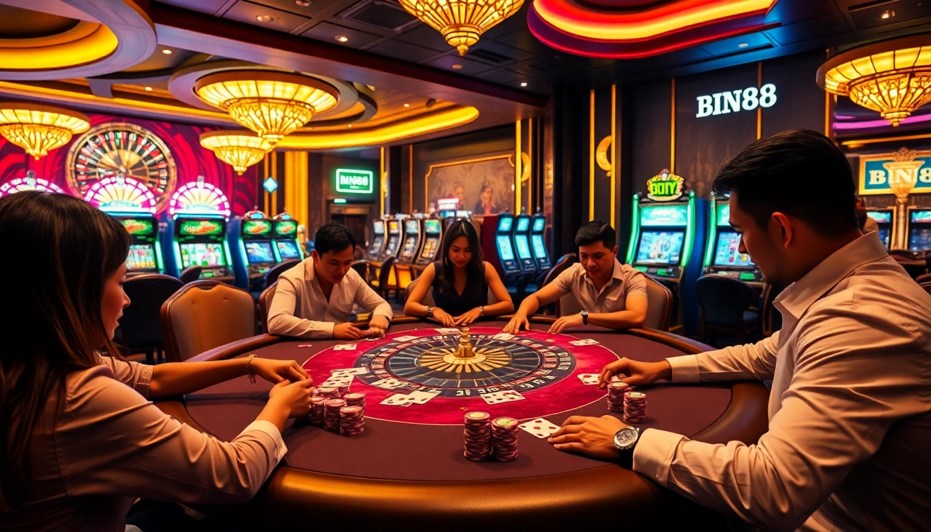 Experience the thrilling atmosphere of BIN88 casino with vibrant poker games and luxury decor.