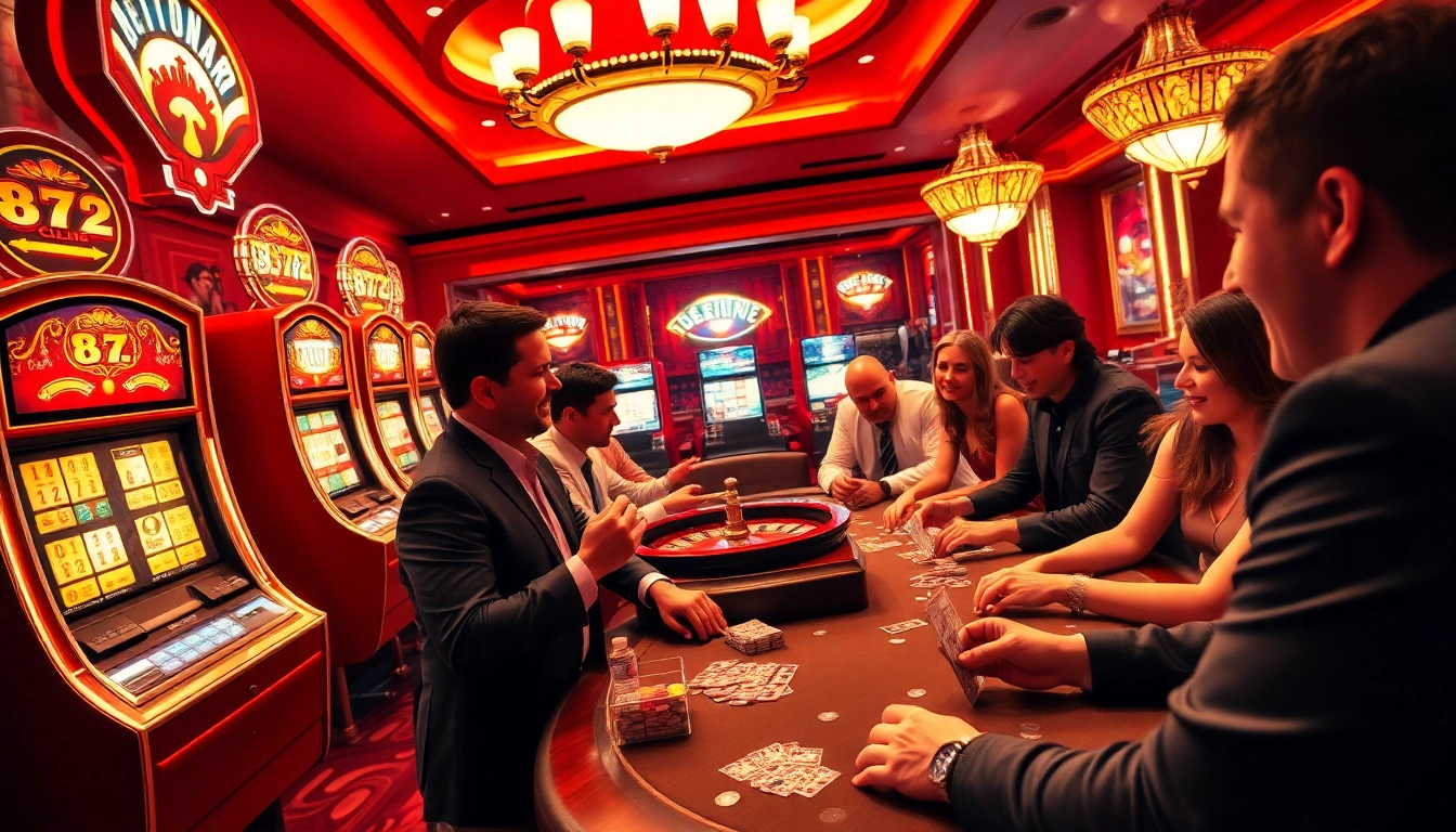 B52 CLUB players enjoying a vibrant casino atmosphere with poker chips and gaming tables.