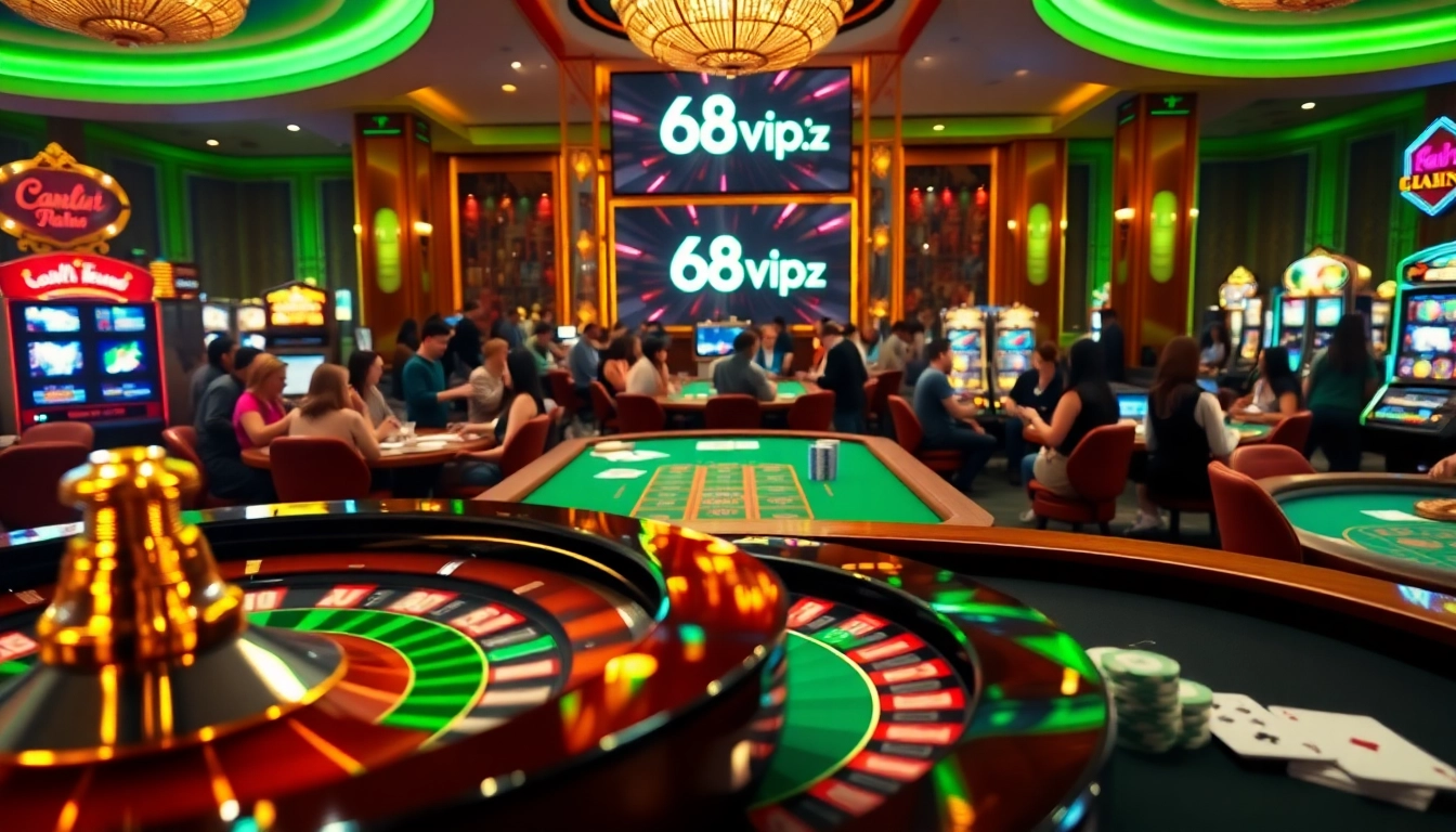 The vibrant casino scene features gameplay elements from https://68vip.bz/ with roulette, poker chips, and slots.