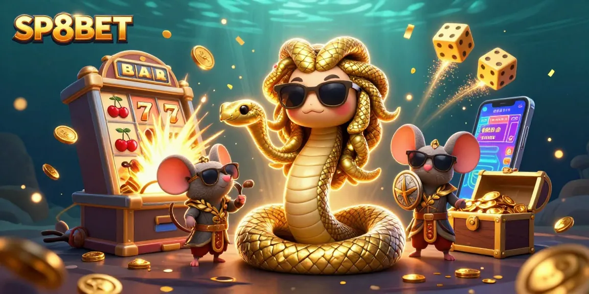 Experience SP8BET's action with a vibrant 3D illustration of games, excitement, and winning potential.