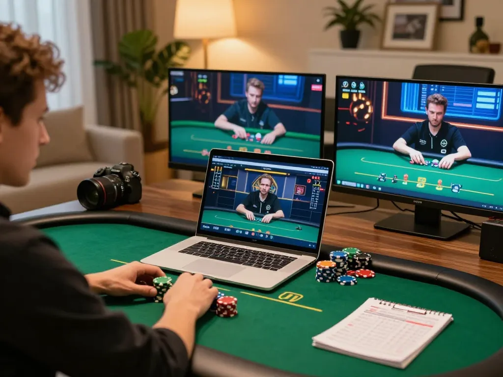 PHTAYA player strategizing poker with chips and notes in a cozy home setting