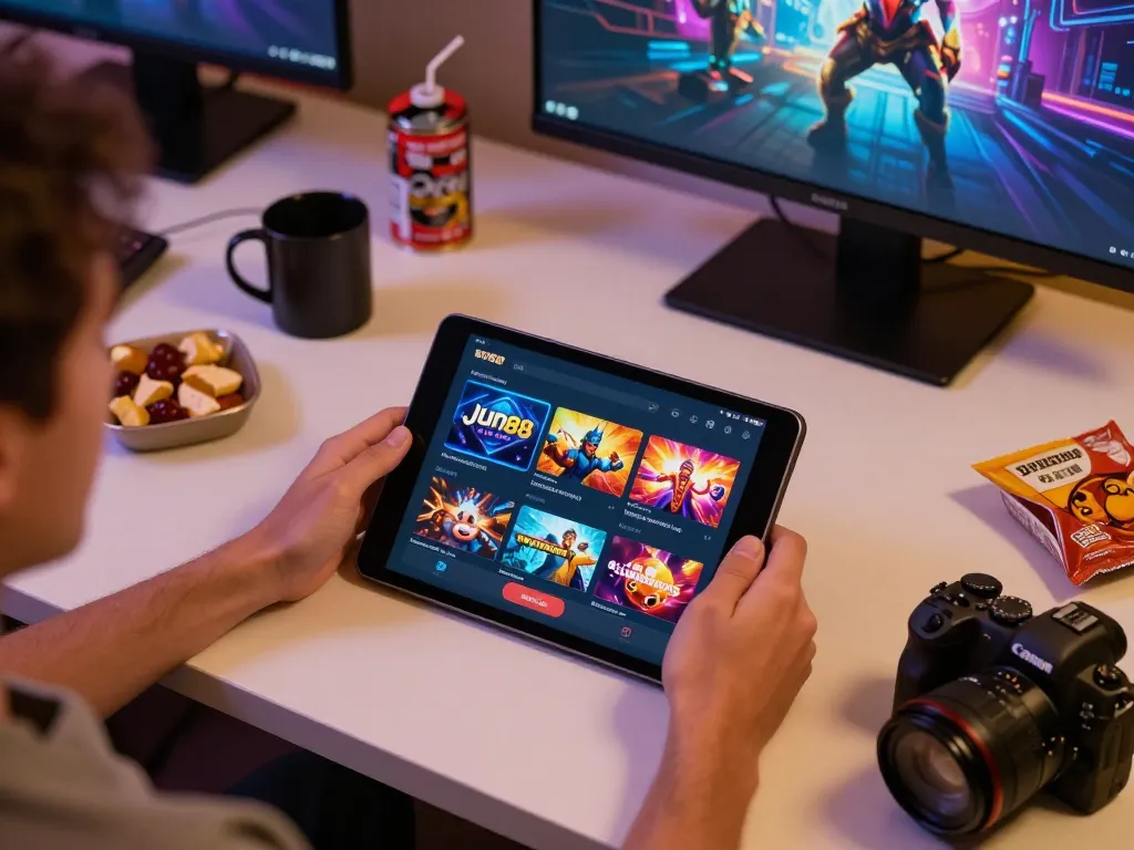 Player enjoying the jun88 mobile app on tablet in modern gaming setup with snacks.