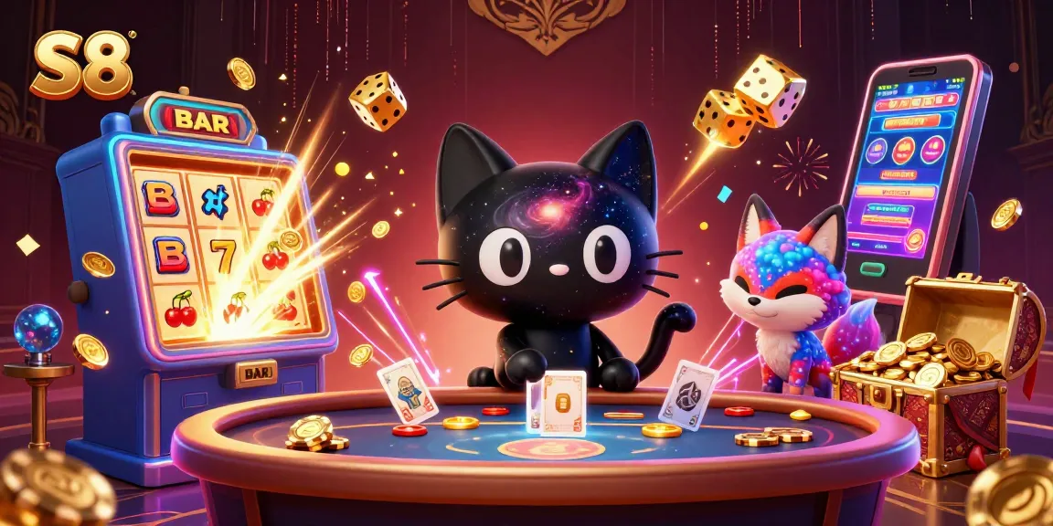 S8 casino illustration featuring a black hole cat and nebula fox playing at a cosmic slot table.