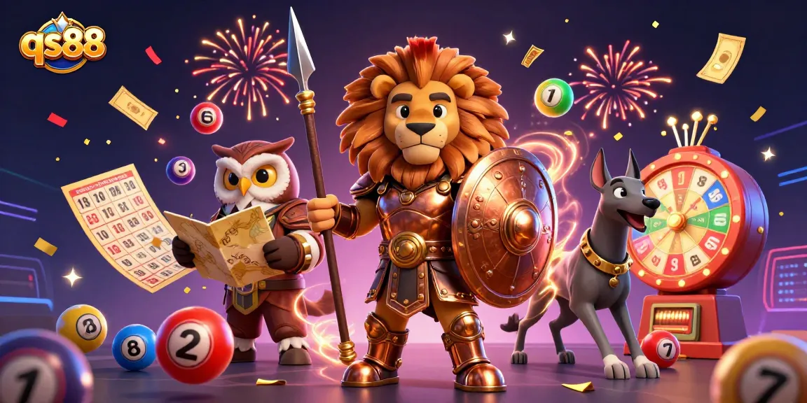 Experience thrilling games at qs88 with vibrant lottery elements and dynamic casino characters.