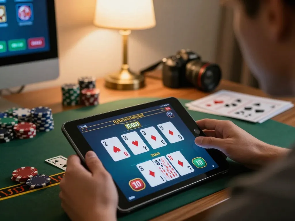Play live blackjack on HZ88 with an engaging tablet setup, showcasing a cozy home atmosphere