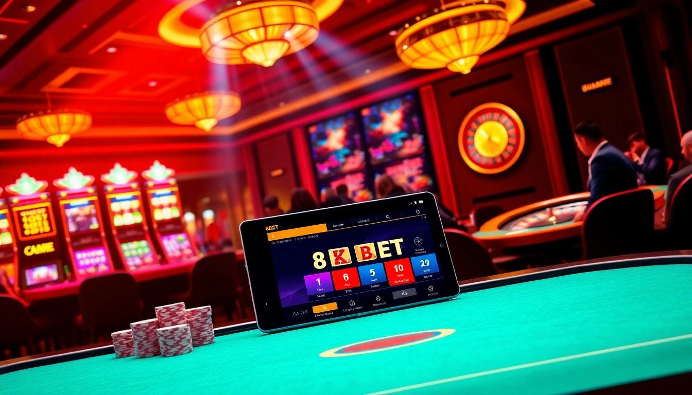 Players at a luxurious 8KBET casino table celebrating wins in a vibrant atmosphere.