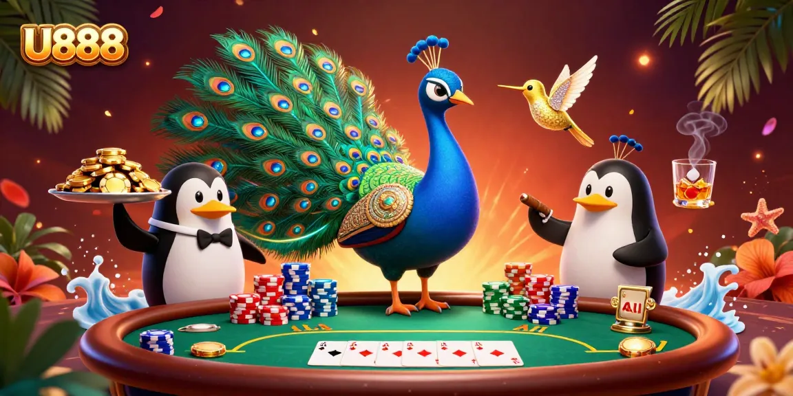 Engage with U888's vibrant casino scene featuring a peacock and poker elements.
