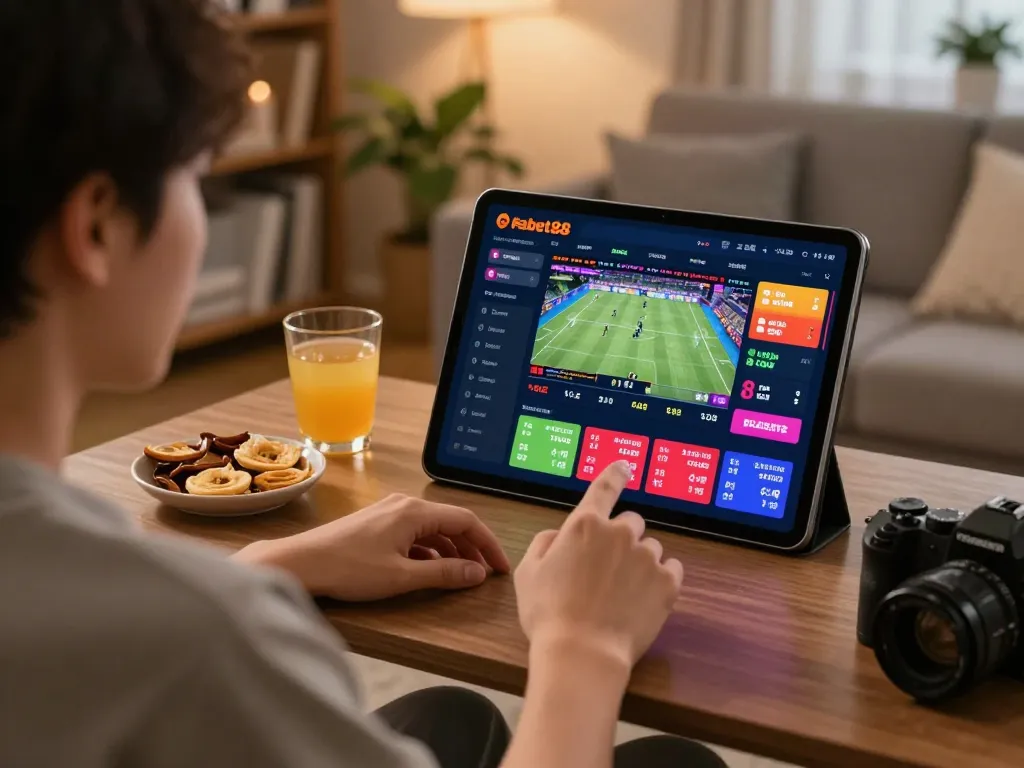 Engaging sports betting action on Fabet88 displayed on a tablet in a cozy living room.