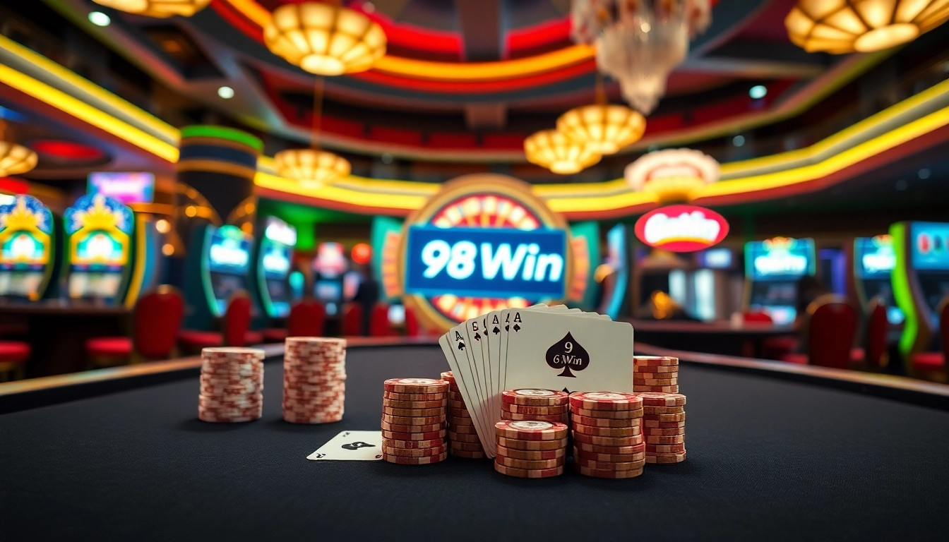 Engage in thrilling gaming at 98Win featuring poker tables, slot machines, and vibrant casino elements.