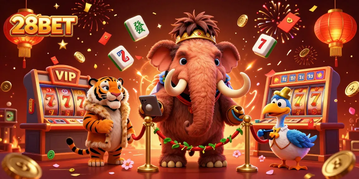 Experience thrilling gaming action at 28BET with an exciting party atmosphere featuring vibrant casino characters.