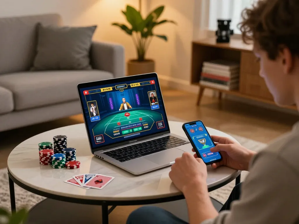Person enjoying online gaming on alo8 platform in cozy home setting with laptop and smartphone.