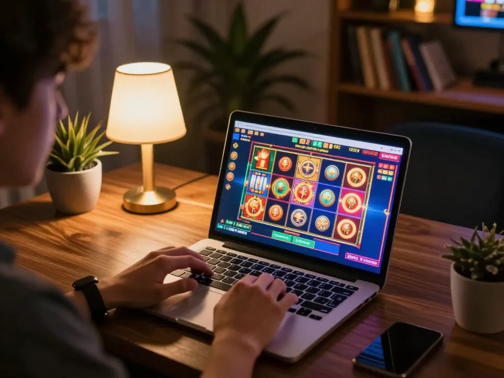 Player engaging in thrilling slot games on TG88 platform at home, showcasing a dynamic gaming experience.