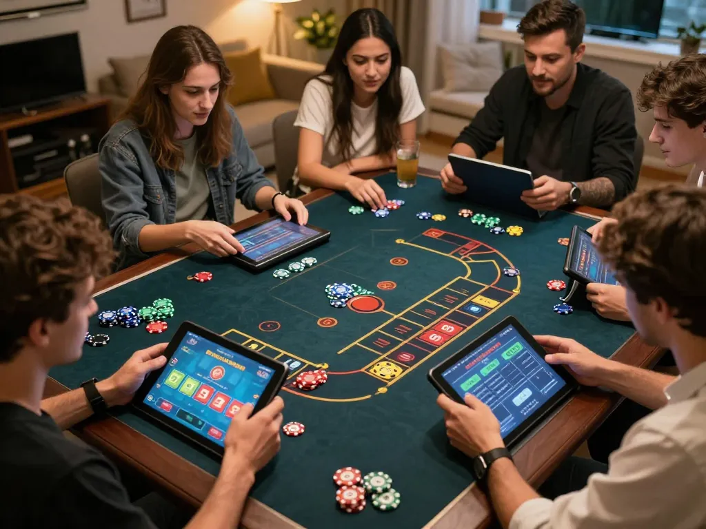 Players enjoying vibrant xóc đĩa game on tablets, showcasing strategic betting with colorful chips.
