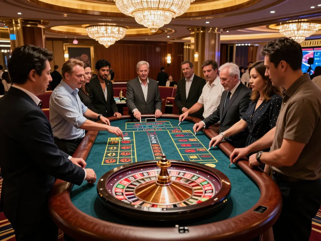 Players enjoying roulette at O8 casino, excitedly placing bets in vibrant atmosphere.