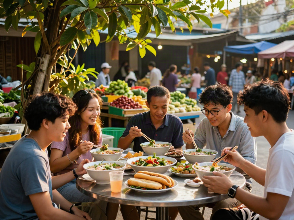 Experience vibrant street food culture at https://joeyvisavietnam.com/ with friends savoring local dishes.