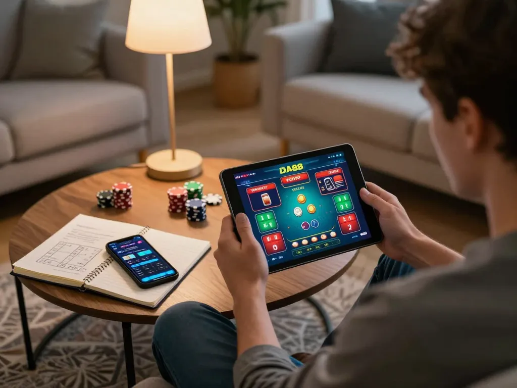 A player enjoying DA88 online casino gameplay on a tablet in a cozy living room, balancing leisure and strategy.