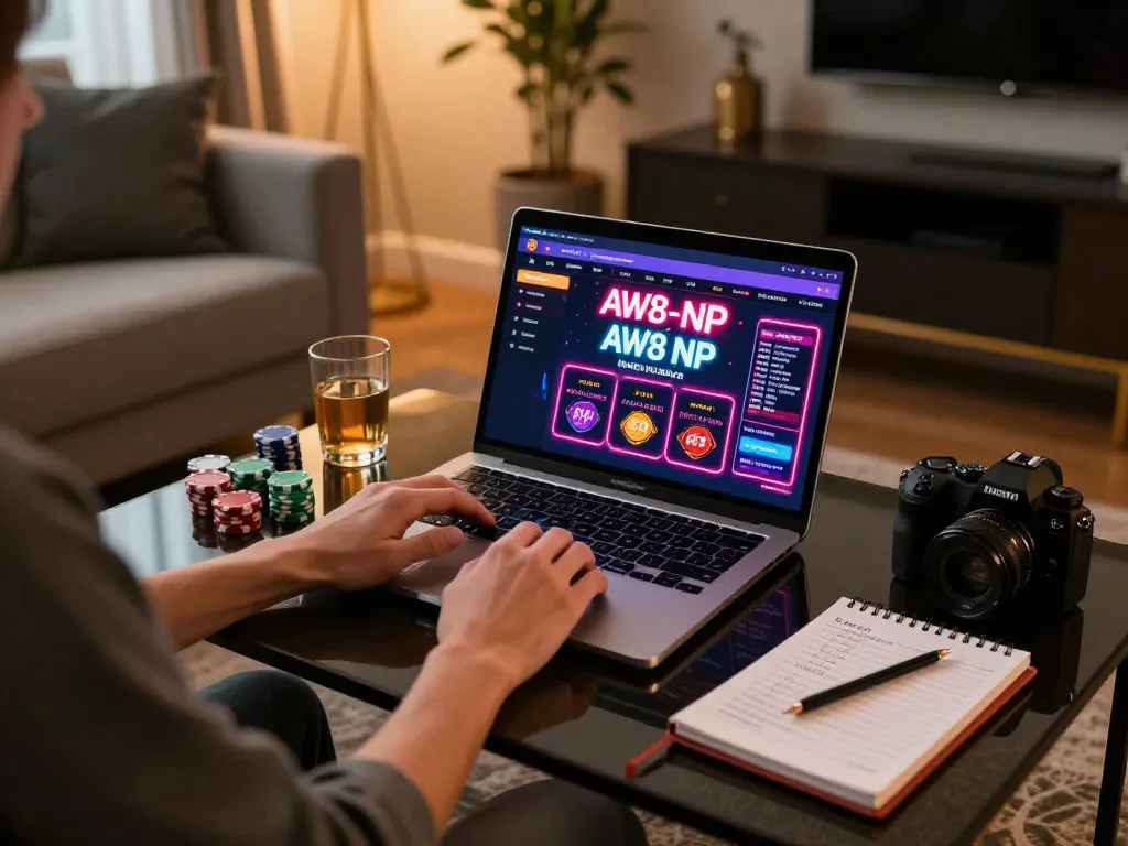 Engaging in online gaming at AW8 NP platform with laptop and betting strategy notes.