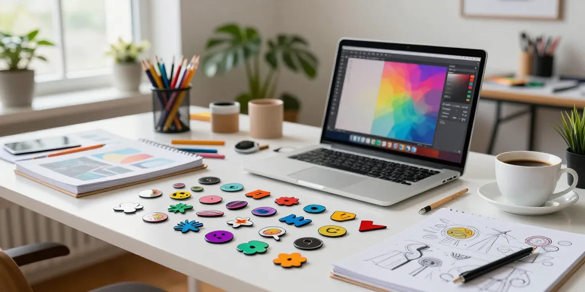 Colorful acrylic pins on a designer's table, showcasing creative designs and vibrant workspace.