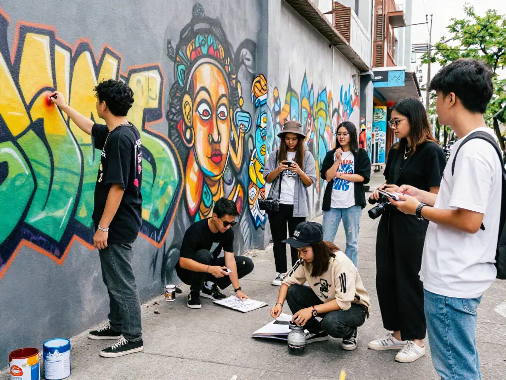 Youthful creative collaboration in vibrant urban setting showcasing rokok88 resmi lifestyle elements.