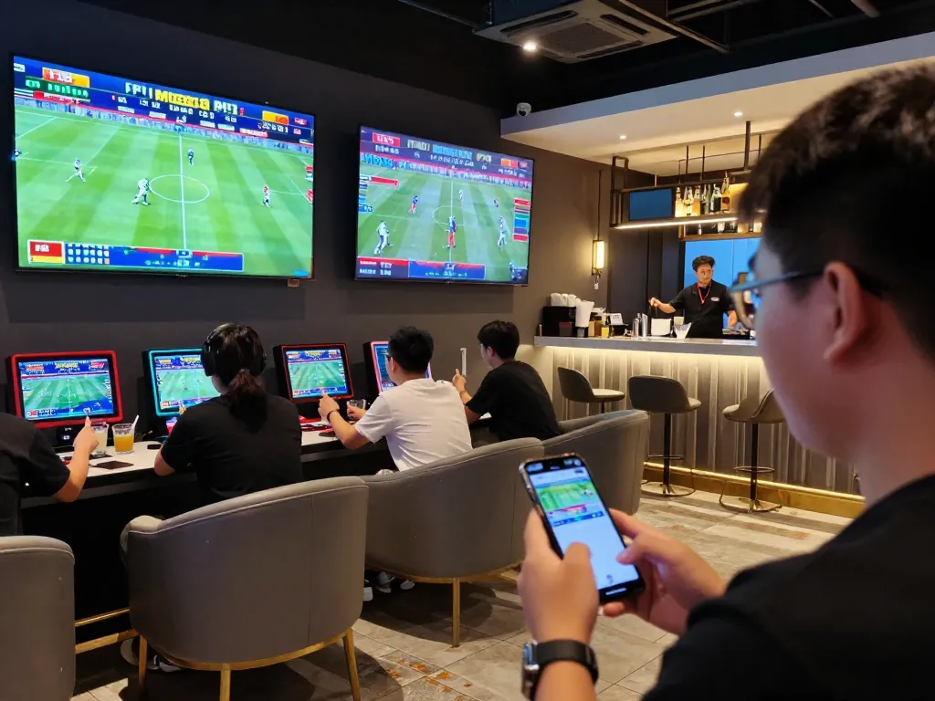 Miso88 offers dynamic sports betting action with patrons placing bets and watching live events in a lively lounge