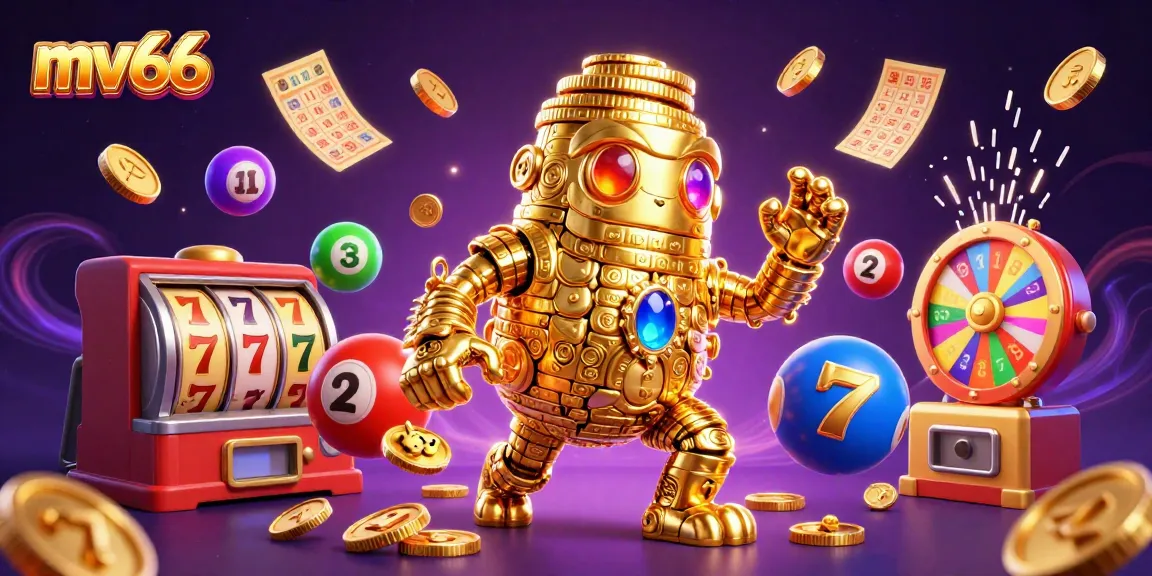 Experience thrilling gameplay with mv66 at a vibrant casino scene featuring a gold golem and dynamic lottery elements.