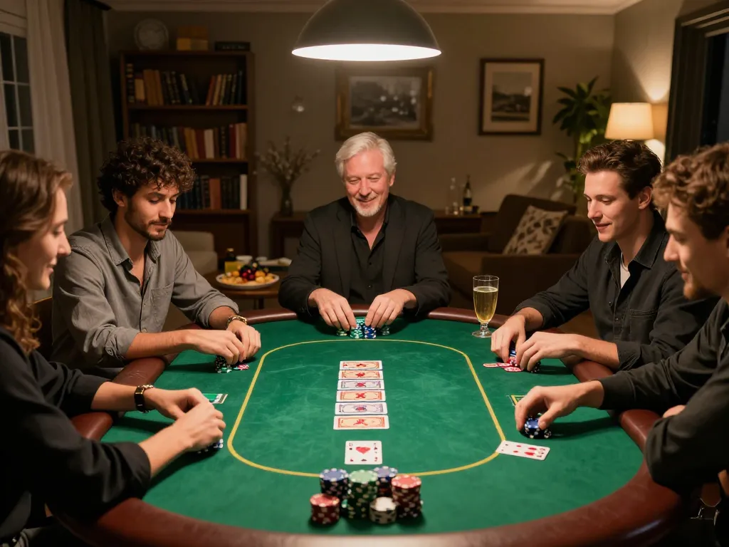 Debet players engaging in strategy during a vibrant home poker night, chips and cards visible
