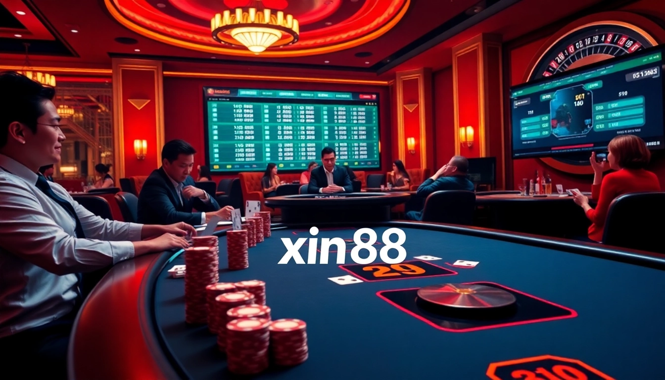 Experience the excitement of xin88 with a luxurious casino scene featuring active poker players and dynamic gameplay.