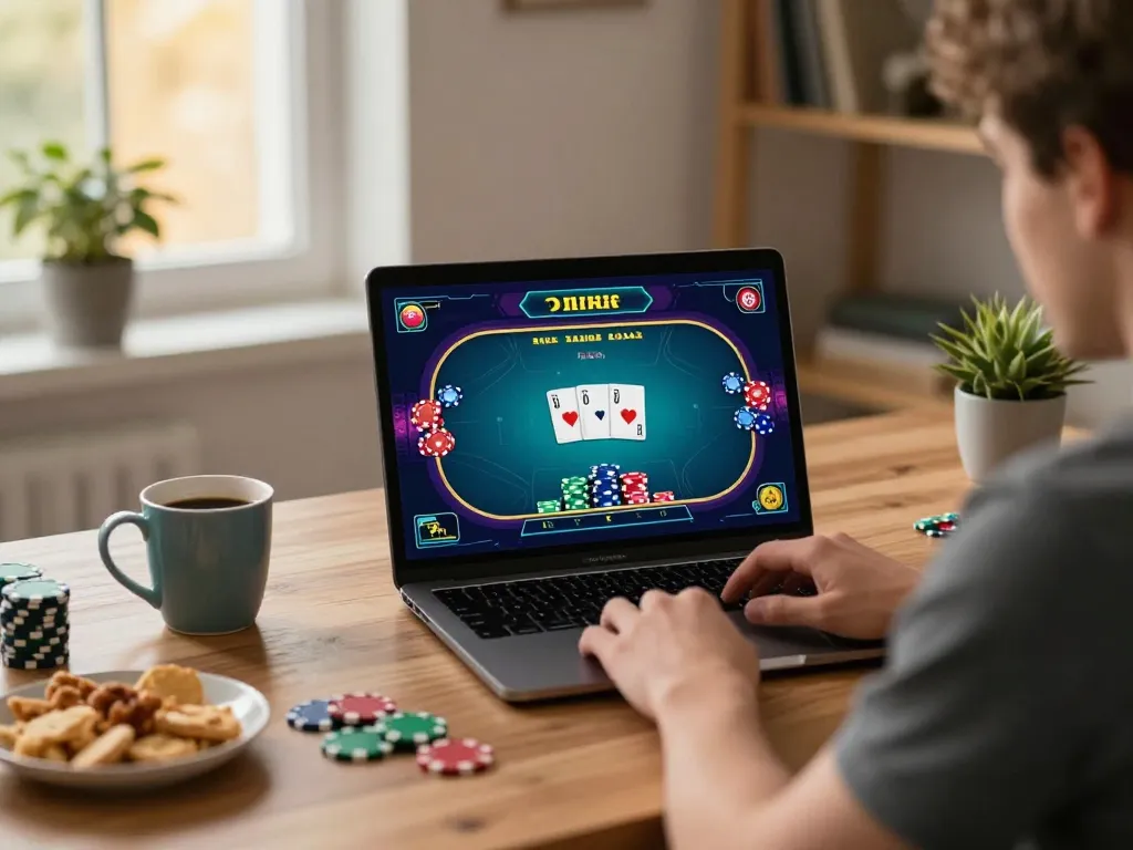 Player immerses in thrilling poker game online at home using laptop, showcasing tic88 excitement with cards and chips.