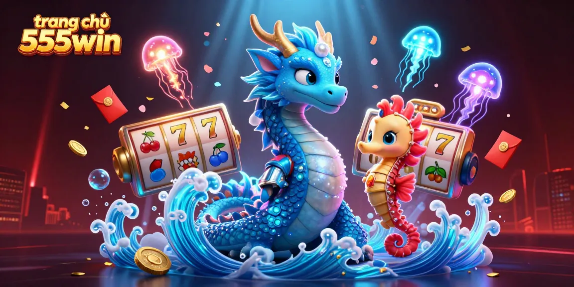 Experience the dynamic world of trang chủ 555win as the dragon, knight, and jellyfish engage with vibrant gambling elements.