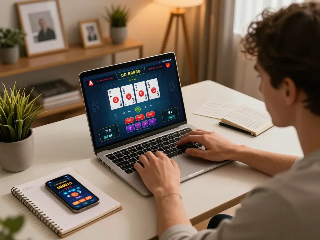 Player engaging in online poker at home using s666hn casino app on laptop, showcasing intense gameplay.