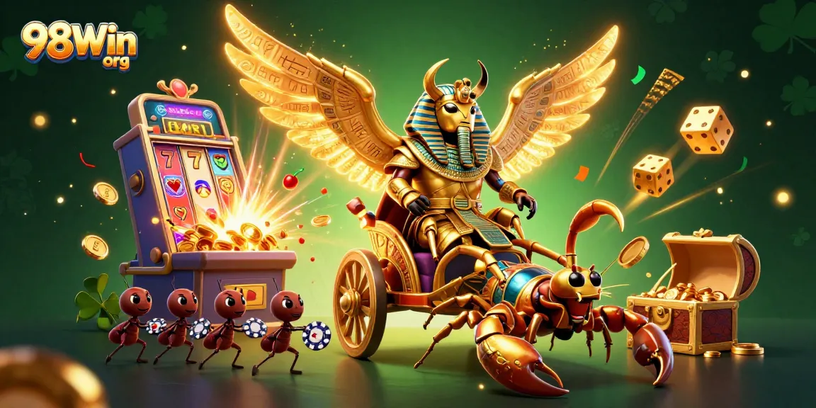 Engage with the vibrant world of 98Win org featuring an illustrated casino scene with a golden scarab and cascading jackpots.