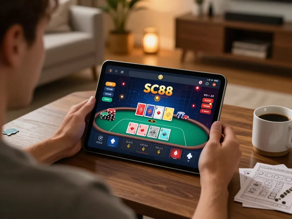 Engaged player using SC88 app for online poker with strategy notes nearby in cozy setting.