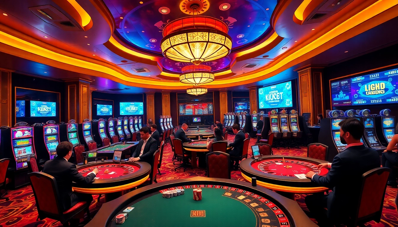 KP88 gaming hall with luxury casino tables, professional dealers, and vibrant slot machines in action.