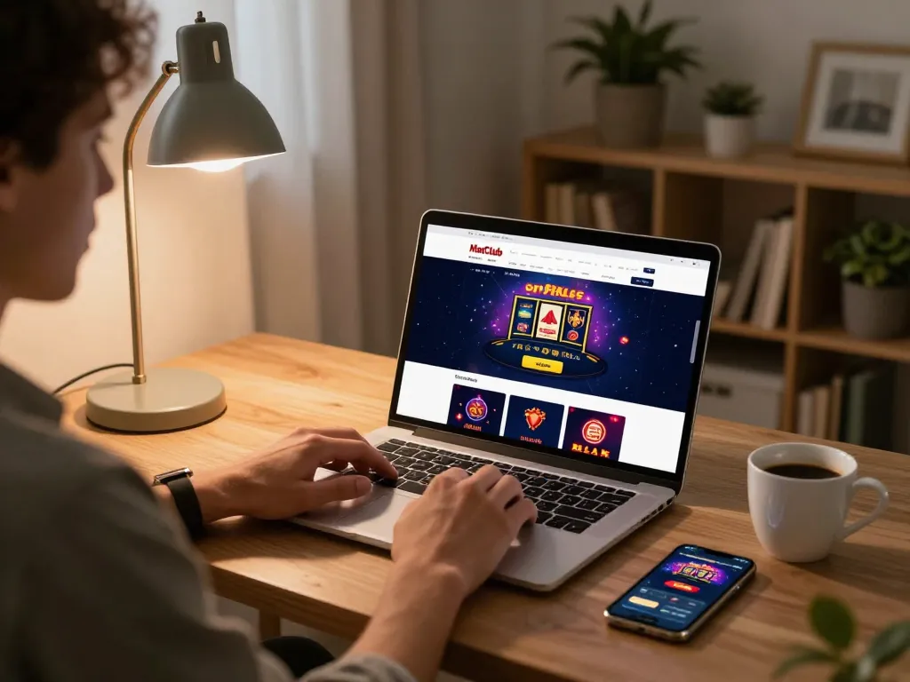 Engaging in online casino games at home with ManClub interface displayed on laptop