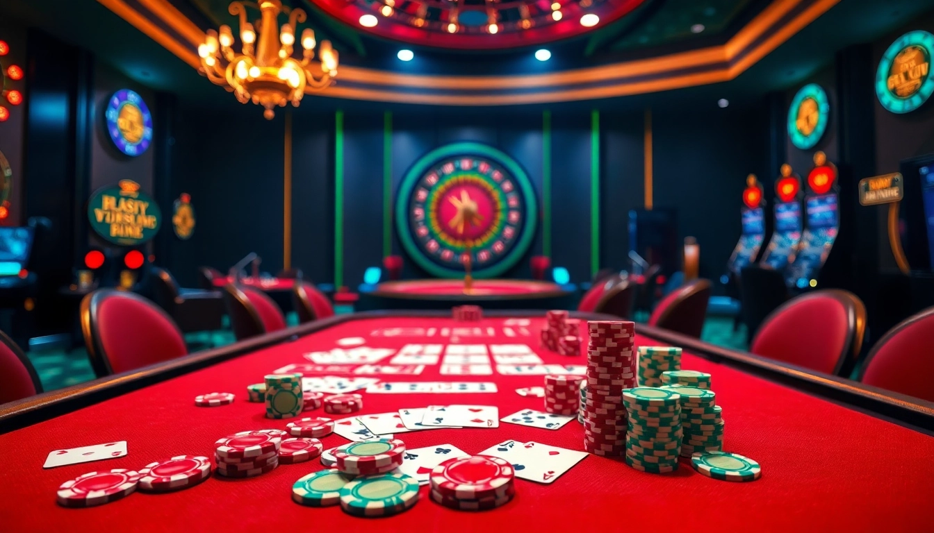 Experience thrilling gameplay at 68VIP casino with poker chips, cards, and a roulette wheel.