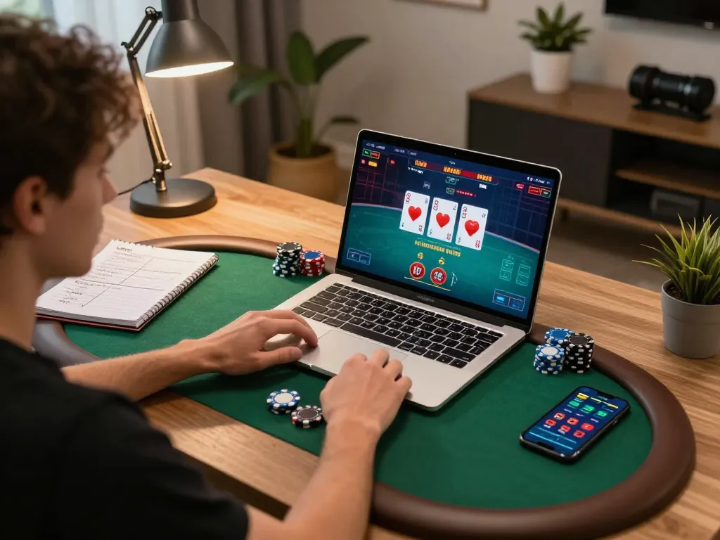 TK999 player engaging in strategic poker gameplay on a laptop, showcasing intense focus and a responsible gaming environment.